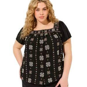 Torrid Beach Linen Eyelet Trim Shirt Black Multi Button Up Women's Size 2X